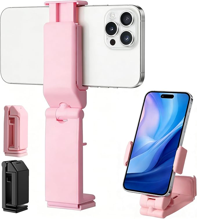 Airplane Phone Holder, Foldable Phone Holder for Airplane Seat Back Luggage Pole Desk 360° Rotation for Multi-Directional Viewing, Travel Essentials Holds Cell Phones (Black & Pink 2pcs)