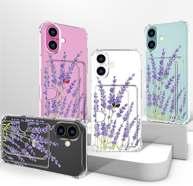 Compatible with iPhone 17 Case Card Holder for Women Cute Design,Wallet Phone Cases Transparent Cool Kawaii Protective (Clear Purple Lavender)