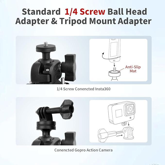 Bike Motorcycle Camera Mount Bundle Kit, 1/4 Screw & Tripod Mount Adapter, 360°Rotating Ball Head Base -Ballhead Arm Super Mounting Clamp for Most Action Camera, Clamp(0.86"-1.26“) 75016