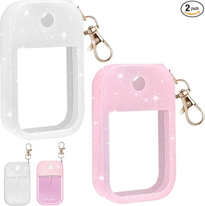Palksky Hand Sanitizer Spray Glitter Case for Touchland,Silicone Case with Keychain for Power Mist and Glow Mist 1 fl oz(Glitter Sequin Pink and White),Travel Size