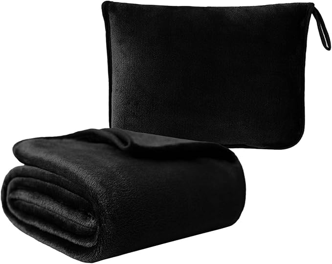 Travel Blanket Pillow, Soft Airplane Blanket 2-in-1, Travel Blanket Airplane Compact with Bag, Travel Essentials Accessories for Plane and Car,60x40 Black