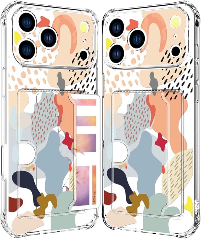 Compatible with iPhone 17 Pro Case Card Holder for Women Cute Design,Wallet Phone Cases Transparent Cool Kawaii Protective (Clear Abstract Art)
