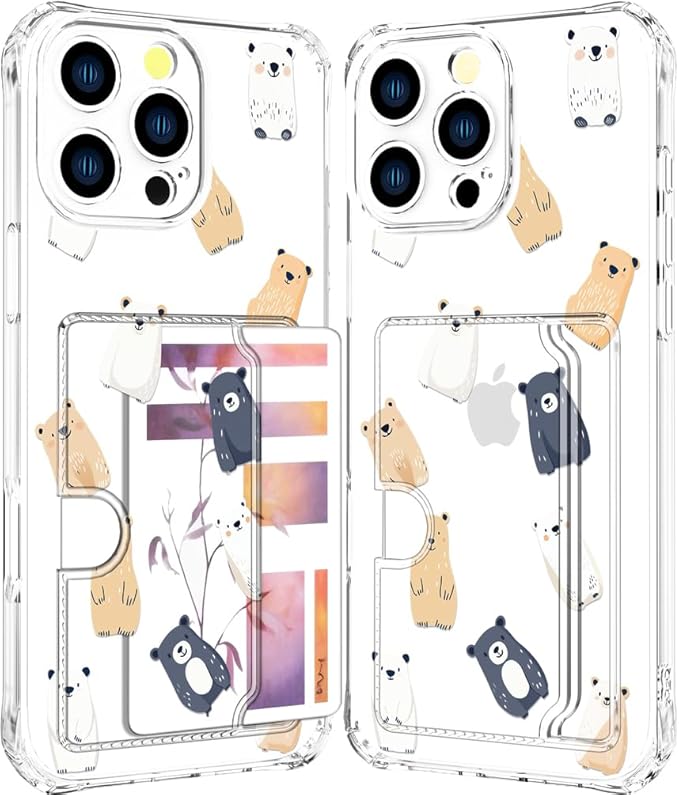 Compatible with iPhone 16 Pro Case Card Holder for Women Cute Design,Wallet Phone Cases Transparent Cool Kawaii Protective (Clear Lovely Bears Funny)