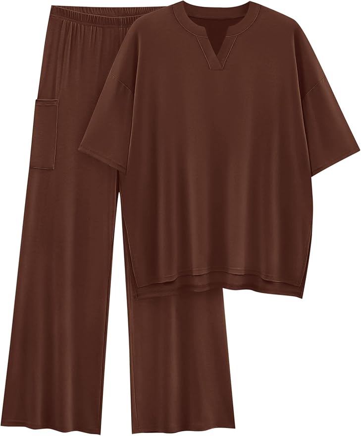 KIRUNDO Womens 2 Piece Matching Lounge Set Airport Travel Vacation Summer Outfits Oversized Short Sleeve Tops Wide Leg Pants