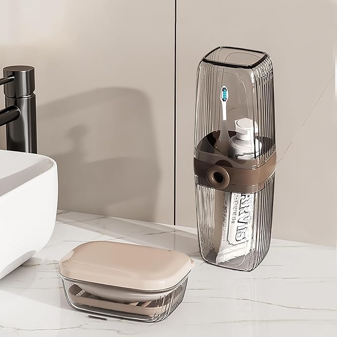Toothbrush Travel Case & Travel Soap Holder Dish Tray Set of 2, Portable Clear Toothbrush Holders with Cover Leakproof Bar Soap Holder for Traveling School Camping Business Bathroom