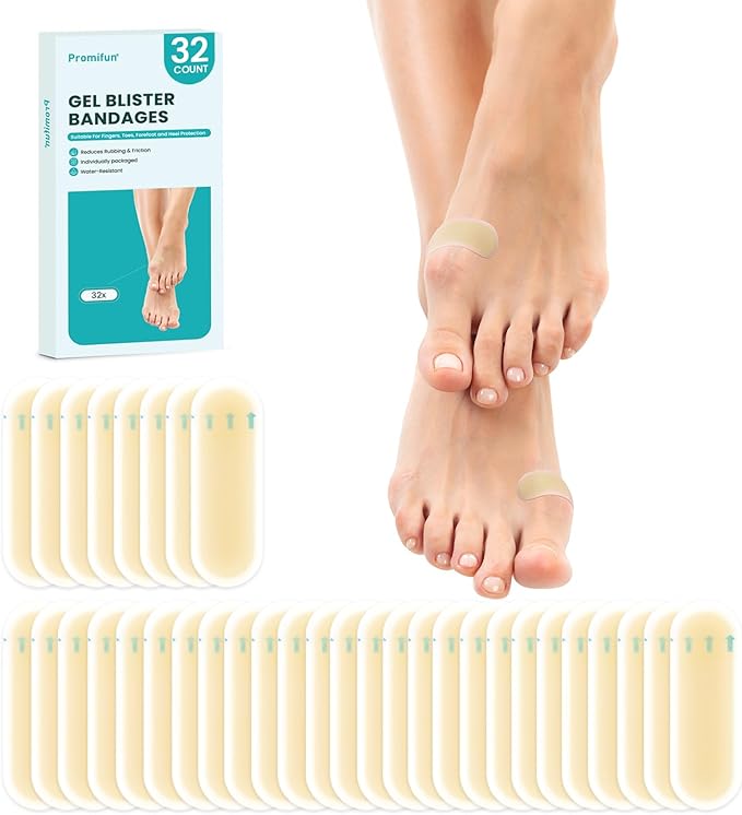 Promifun Waterproof Hydrocolloid Blister Bandages - Gel Pads for Foot, Toe Healing & Prevention (32ct, Spot Pack)