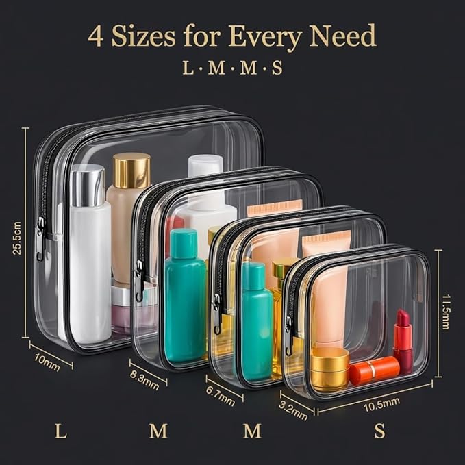 Clear Makeup Bag 4 Pack, TSA Approved Toiletry Bag for Women, Waterproof PVC Cosmetic Pouch Travel Organizer, Clear Bags for Diaper Bag Organizer Purse, Portable Zipper Pouch Set (L+M+M+S)