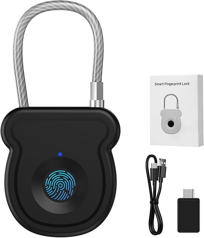 Smart Fingerprint Padlock for Luggage - 20 User Capacity, USB Key & Emergency Code, Keyless Biometric Lock for Gym Locker, Suitcase, Backpack, Toolbox & Handbag (Black)