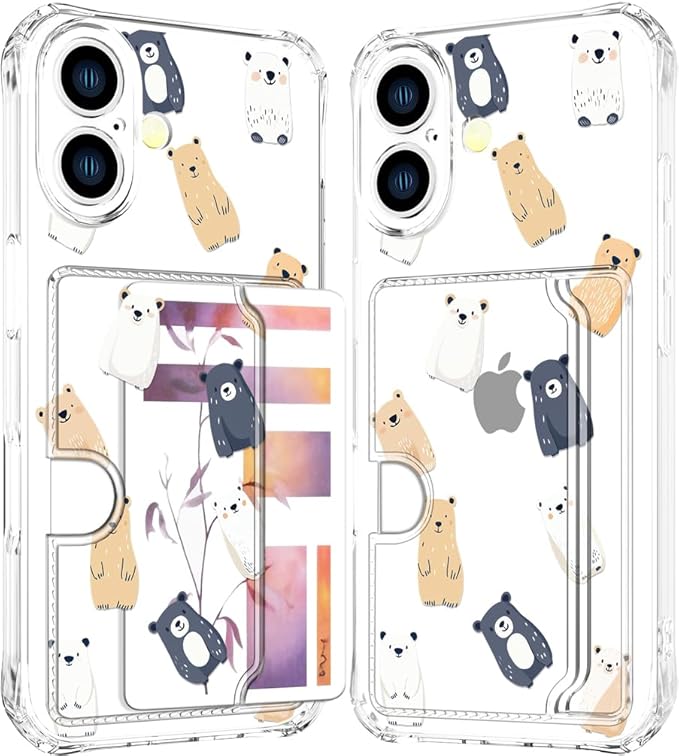 Compatible with iPhone 16 Plus Case Card Holder for Women Cute Design,Wallet Phone Cases Transparent Cool Kawaii Protective (Clear Lovely Bears Funny)