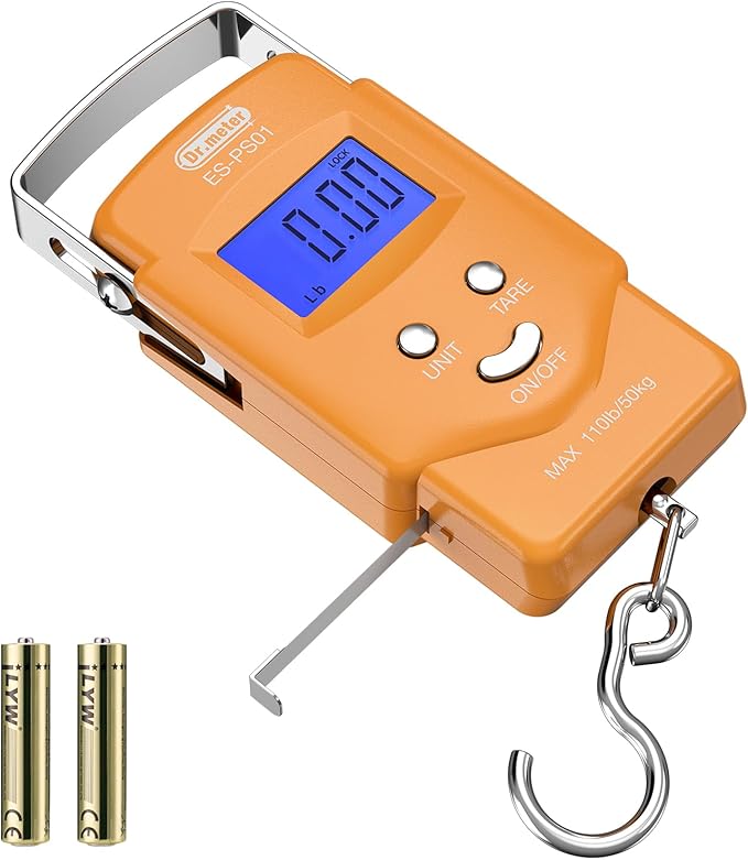 Dr.meter Fish Scale Luggage Scale Fishing Gear - 110lb Backlit LCD Display Digital Scale with Built-in Measuring Tape - Fishing Scale with 2 AAA Batteries, Pocket Size - Fishing Gifts for Men
