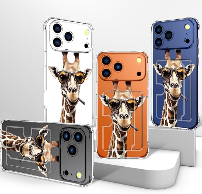 Compatible with iPhone 17 Pro Max Case Card Holder for Women Cute Design,Wallet Phone Cases Transparent Cool Kawaii Protective (Clear Giraffe Smoking Animal)
