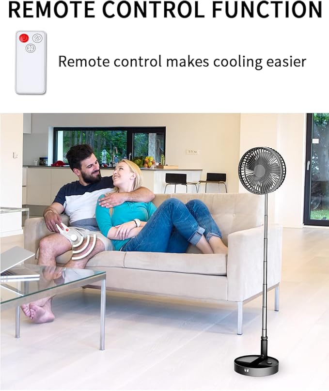UN UNITEDTIME Portable Fan Foldable Rechargeable [Remote Control ] Battery Operated Foldaway Standing Pedestal Collapsible Fan, 4 Speed, Timer for Camping Travel, Bedroom (Black)