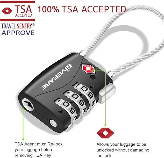 2 Pack TSA Approved Travel Luggage Locks, Long Cable Combination Lock Alloy, Metal Keyless 3-Digit Padlocks, Weatherproof TSA Accepted Padlock for Toolbox Gym Locker Golf Bag Case Backpack-Black