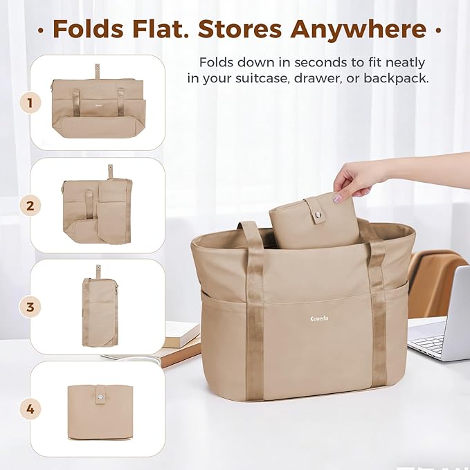 Ceneda Foldable Tote Bag for Women, Lightweight Work Bag with Dual Inner Cup Holders, Daily Handbag for Travel, Gym, Grocery | 40oz Tumbler Holder, Well-organized, Portable, Durable, 21L Large Capacity, Beach/Shopping/Trips, Ideal Gift for Her