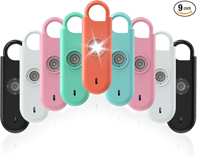 Fauxomor 140dB Personal Safety Alarm for Women, 9 Pack Safe Alarm Protection Keychain with Strobe Light & Low Battery Notice, Security Siren Self Defense for Kids Seniors College Girls