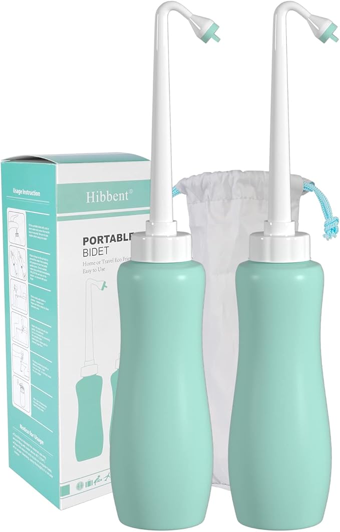 Hibbent 2 Pack 650ml Portable Bidet Sprayer for Women or Men, Handheld Travel Bidet for Personal Hygiene, Jet Spray Bottle for Toilet & Bathroom, Peri Bottle for Postpartum Care, Travel Bag, Green