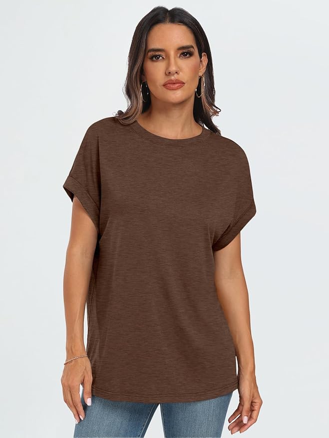 AUTOMET Women's Oversized Short Sleeve T Shirts Casual Drop Shoulder Rolled Cuff Summer Tops for Work, Travel and Lounge