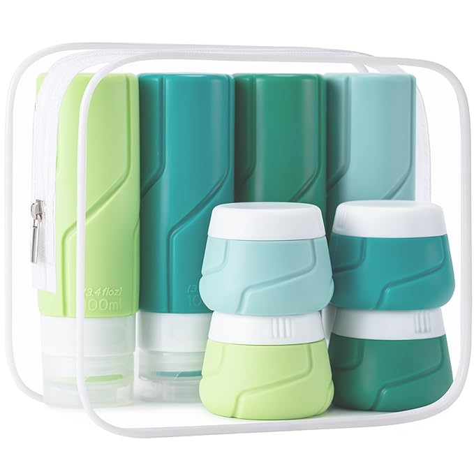 Travel Bottles for Toiletries 15 Pack, TSA Approved Travel Size Containers 3oz, LeakProof Silicone Squeezable Creams Jars, Refillable Toiletry Bottles for Shampoo, Conditioner (Green)