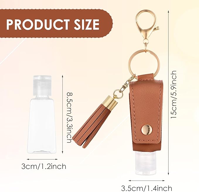 Grevosea 2Pcs Hand Sanitizer Holder, 30ml Portable Leather Hand Sanitizer Travel Size Keychain Empty Squeeze Bottles Refillable Container for Toiletry Lotion Liquid Soap Shampoo (Black+Brown)