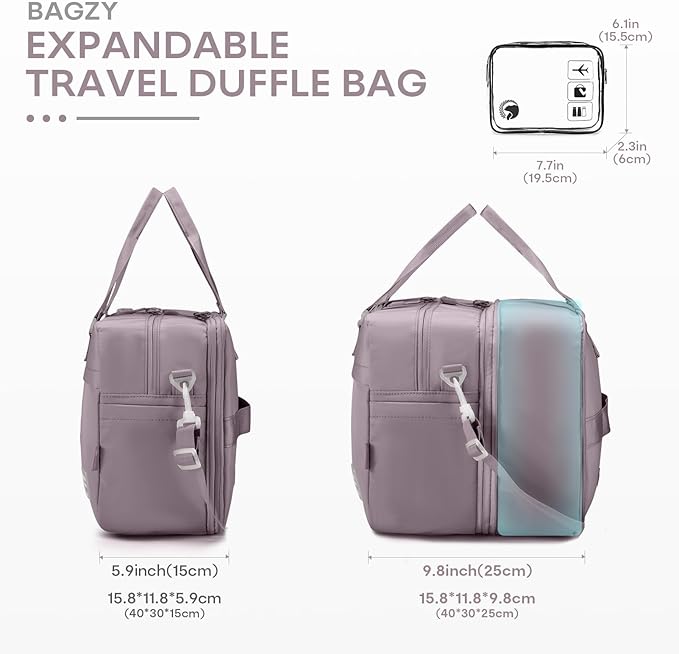 40x30x15cm Personal Item Travel Bag 16x12x6 Under-seat Carry on Bags for Airplanes 20L Expandable 30L Lightweight Duffle Bag Weekender Bags with Wet Pocket for Gym Overnight Hospital Purple
