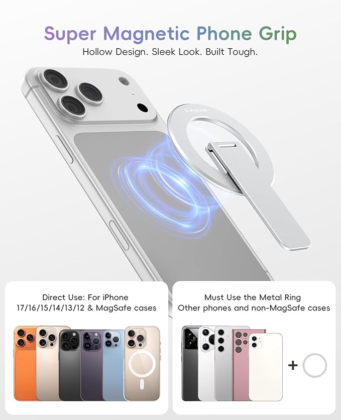 Magtame Magnetic Phone Stand Grip, 3-in-1 for MagSafe Phone Holder & Kickstand, Durable Silver Aluminum Grip, Ultra-Slim 2mm, 360° Rotation, Detachable for MagSafe Charging, Works with iPhone 17–12
