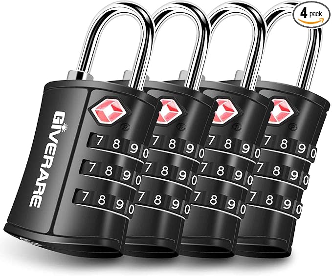 4 Pack TSA Approved Travel Luggage Locks, Combination Lock Keyless, 3-Digit Padlocks, Travel Sentry Accepted Compatible Padlock for Gym Locker, Golf Bag Case, Backpack, Black-by GIVERARE