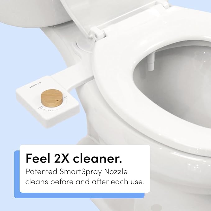 TUSHY Fresh Cool Water Bidet: Ultra Slim Toilet Seat Attachment (Non-Electric Self-Cleaning Hygienic Nozzle) Easy DIY Install <10 Min (Adjustable Water Pressure Control), Brushed Brass Knob