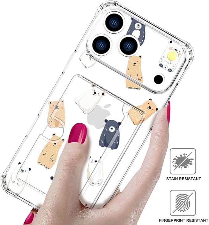Compatible with iPhone 17 Pro Case Card Holder for Women Cute Design,Wallet Phone Cases Transparent Cool Kawaii Protective (Clear Lovely Bears Funny)