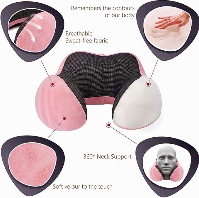 Airplane Travel Neck Pillow, 100% Memory Foam Ergonomic Neck Support, Airplanes Neck Pillow with Washable Cover Travel Essential for Flight Car & Office Includes Eye Masks, Earplugs & Carry Bag (Pink)