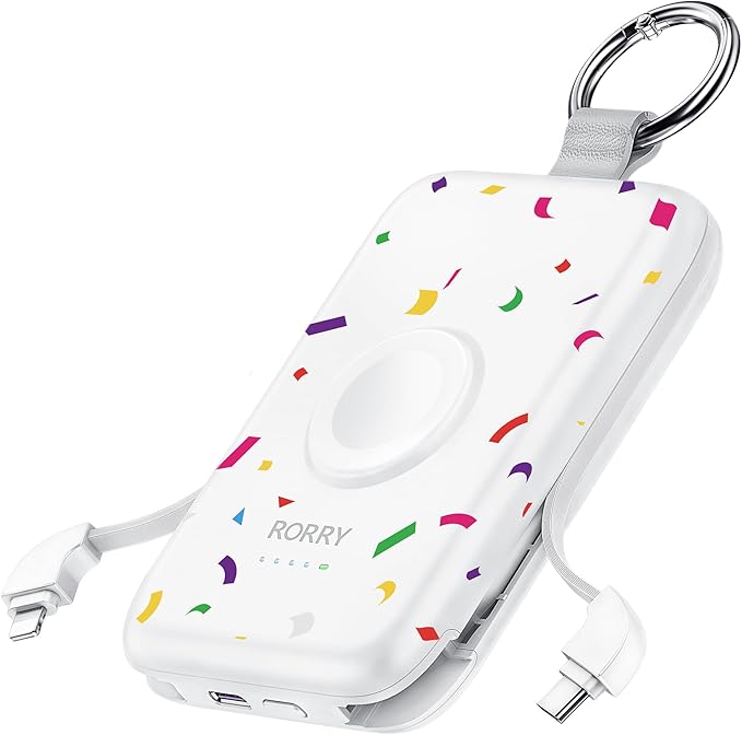 RORRY Portable Charger, 10000mAh PD 20W Fast Charging Portable Charger Power Bank with Built in Cables, Travel Battery Pack for iPhone and Apple Watch Ultra/11/10/9/8/7/6/5, Confetti-White