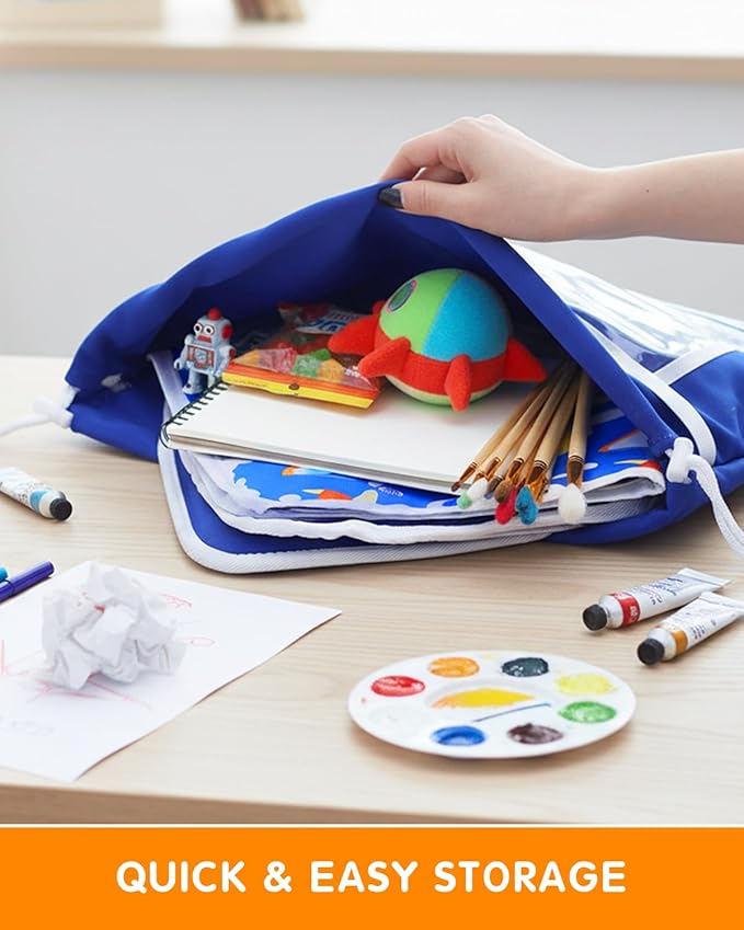 Adjustable Kids Airplane Tray Cover with Pocket Organizer, Snack & Toy Pockets, Toddler Airplane Travel Essentials, Travel Tray for Plane Train, Clear Touch Tablet Pocket, Carrying Strap, Plane Print
