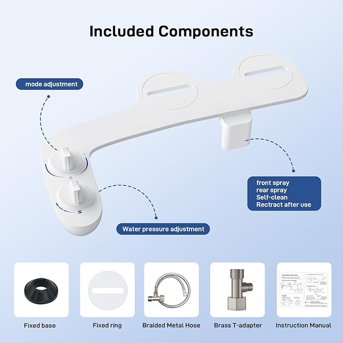 Toilet Bidet Attachment, Non-Electric Dual Nozzle (Feminine/Bidet Wash), Self-Cleaning Fresh Cold Water Sprayer Bidets for Toilets with Adjustable Water Pressure (Dual Knob, White)