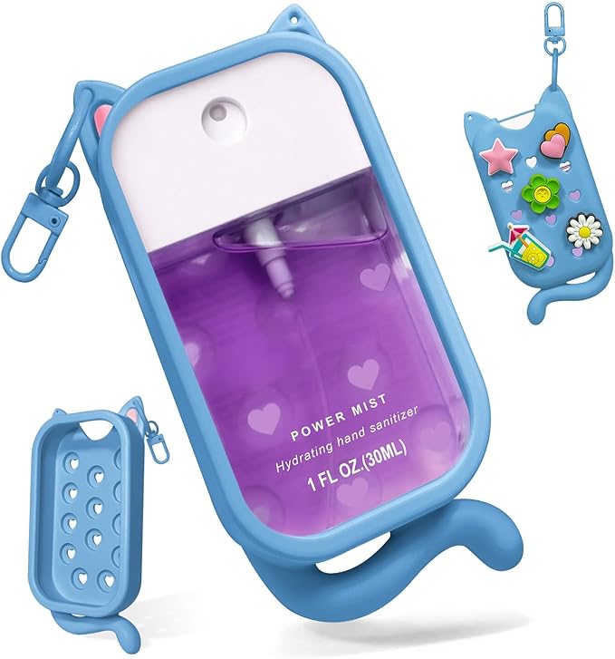 Cat Silicone Case with Keychain & Charms for Touchland Hand Sanitizer Spray, Protective Holder Compatible with Power Mist & Glow Mist 1 FL Oz/30ML