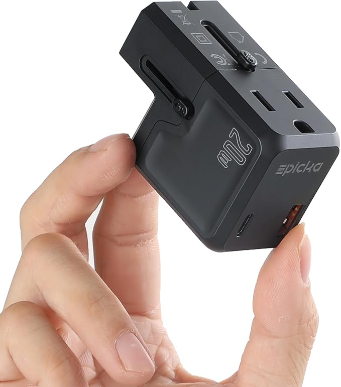 EPICKA Universal Travel Adapter, International Plug Adapter Wall Charger with 20W USB-C PD & USB-A QC, All-in-One Pocket Size Adapter for USA EU UK AUS (Pocket 111, Black)