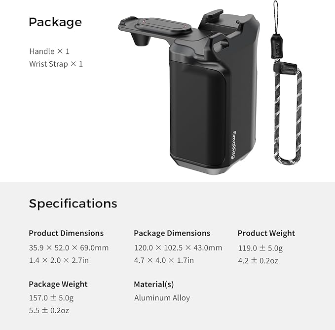 SMALLRIG Street Photography Handle for DJI Osmo Action 5 Pro/ 4/3, Quick Release, Shutter Button, Cold Shoe, Wrist Strap,1/4 Threaded Hole, Camera Grip Holder for DJI OEM Cages - 5826