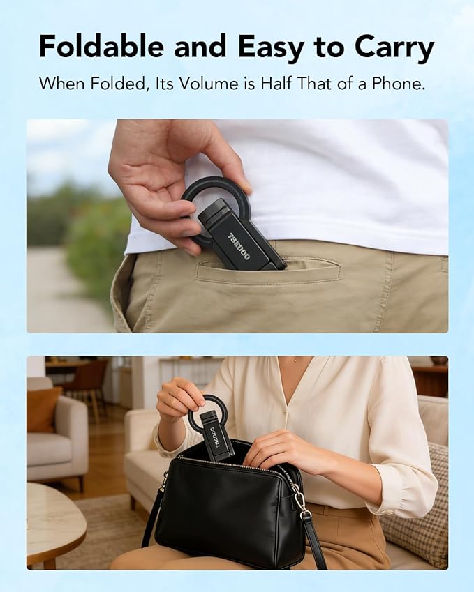 Magnetic Tripod for iPhone - Foldable Mini Pocket Phone Stand, Portable Selfie Stick Handle Grip with 360°, Airplane Travel Essentials, Phone Holders for Your Car and Gym (Grey)