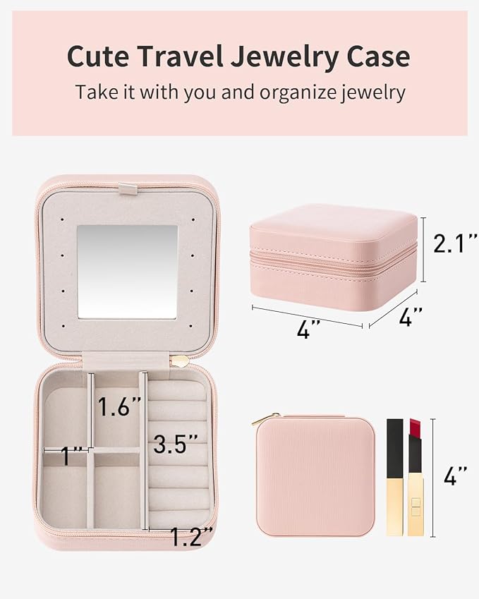 Vlando Valentines Day Gifts for Her- Small Travel Jewelry Box Organizer -Jewelry Display Case for Girls Women Bridesmaid Gift Rings Earrings Necklaces Storage with Mirror Pink