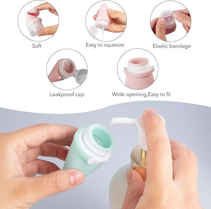1oz Travel Bottles for Toiletries, Silicone Leak-Proof TSA Approved Travel Size Containers (4-Pack) - Reusable Refillable Bottles for Shampoo, Body Wash, Lotion (White Grey)