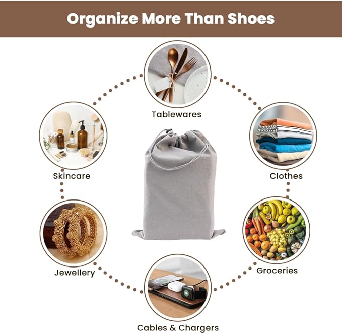 LFH Cotton Rich Shoe Storage Bags with Drawstring, Dustproof Breathable Reusable Organizer, Perfect For Travel, Dorm, Hotel, College, Gym, Easy to Carry, Machine Washable 8"x17" (Pack of 2) - Grey
