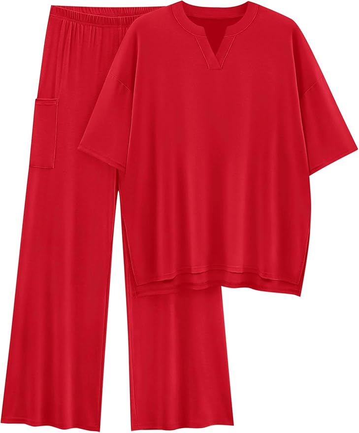 KIRUNDO Womens 2 Piece Matching Lounge Set Airport Travel Vacation Summer Outfits Oversized Short Sleeve Tops Wide Leg Pants