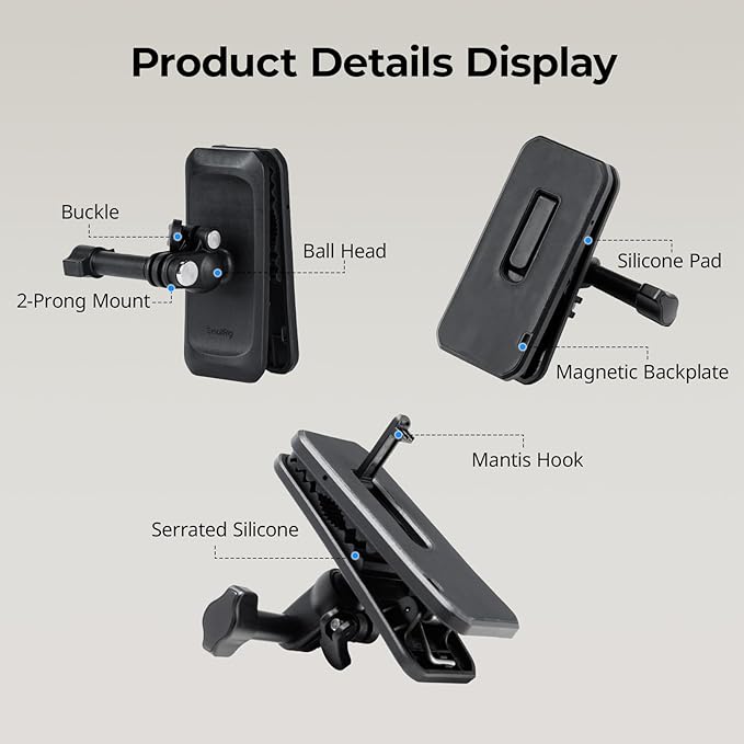 SMALLRIG Magnetic Backpack Strap Clip Mount for GoPro Hero 13/12/11/10, for DJI Osmo Nano Action 6/5 Pro/4/3/Pocket 3, for Insta360 X5/4/3/Ace Pro 2, with Ball Head Adapter Base Mantis Hook - 5722