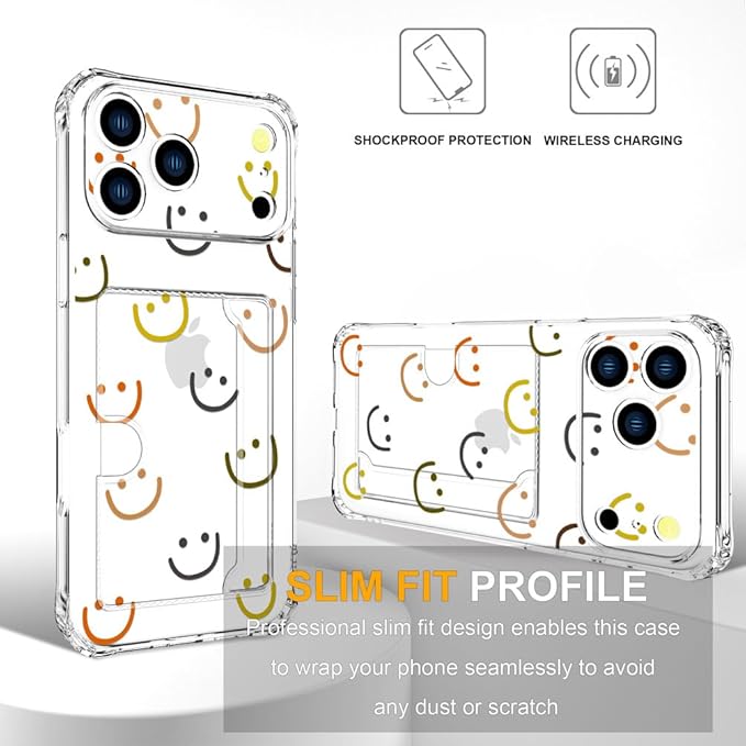 Compatible with iPhone 17 Pro Case Card Holder for Women Cute Design,Wallet Phone Cases Transparent Cool Kawaii Protective (Clear Smiley Face)