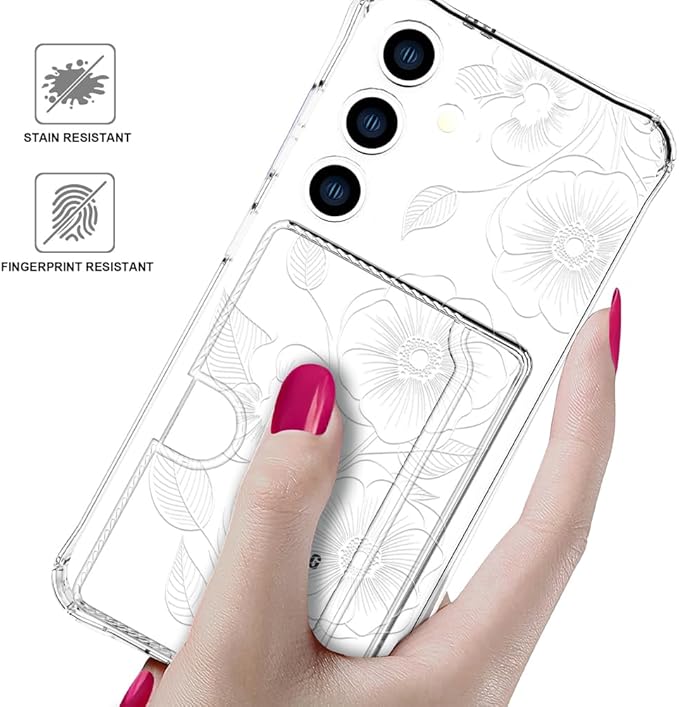 Compatible with Samsung Galaxy S24+ Plus / S25+ Plus Case Card Holder for Women Cute Design,Wallet Phone Cases Transparent Cool Kawaii Protective (Clear Seamless Abstract Flower)