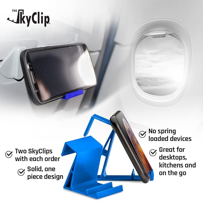 The SkyClip Airplane Cell Phone Back of Seat Inflight Tray Table Clip and Sturdy Phone Stand, Compatible with iPhone, Android, Tablets, and Readers, Travel Must Have (Blue 2 Pack)