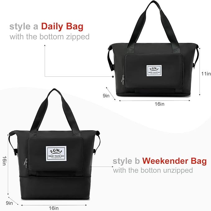 ZGWJ Travel Tote Bags, Expandable Overnight Weekender Bag for Women Foldable Carry-On | Expandable, Overnight, Foldable, Carry-On