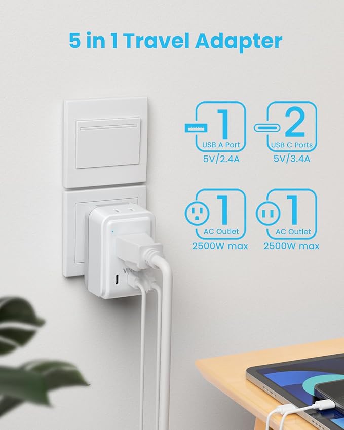 Universal Travel Adapter Kit, VINTAR International Plug Adapter with 3 USB Ports(2 USB C, 3.4A) and 2 American Outlets, Type A,C,G,I Detachable Attachments, Adapter for US/Japan/Europe/UK/AUS