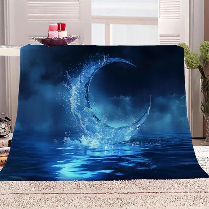 Ocean Blue Throw Blanket, Blue Moon Fleece Blanket for Couch Bed Sofa, Midnight View Blankets and Throws, Dreamy Mystic Super Soft Cozy Plush Flannel Blanket 50x60, Decor & Gift