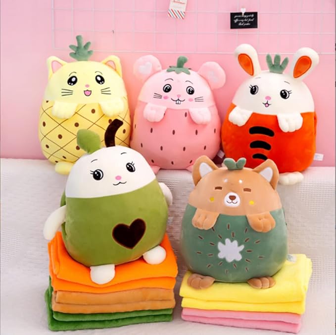 YUDONG Kids Stuffed Animal Travel Blanket and Pillow Set, Adorable 3 in 1 Multifunctional Fruit Plush Pillow with Hand Warmer Design, Perfect for Travel, Camping, Car, Home and Office (Pink)