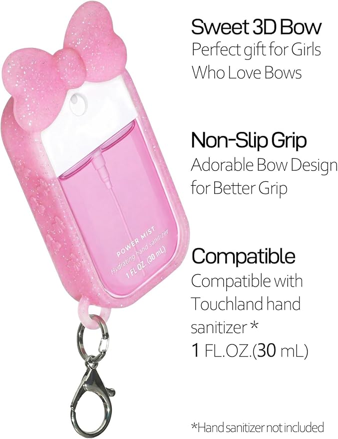 Silicone Bow Case Compatible with Touchland Hand Sanitizer Spray 1 oz (30 mL), Cute Holder with Keychain Clip, Gift for Girls