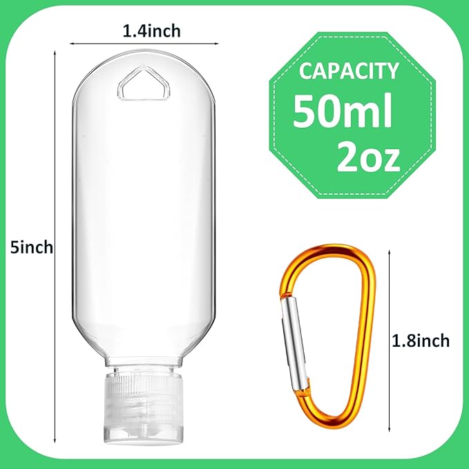 FairySandy 200 Pcs Traveling Bottles with Keychain 2oz Clear Plastic Hand Sanitizer Holder Keychain Empty Refillable Liquid Packing Container Squeeze Plastic Bottle with Lid,Rectangle